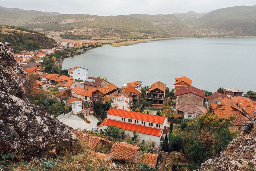 Looking down over Lin, a small village that hugs a bay on Lake Ohrid in Albania.