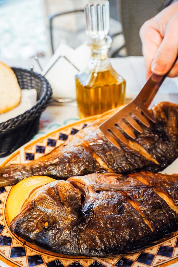 Two fried fish served at a restaurant on the Albanian coast.