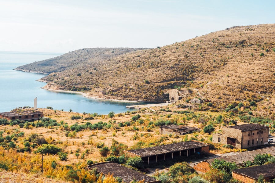 A view of the submarine bunker in Albania, a concrete shelter built into the side of a cliff on a bay on the Albanian Riviera.