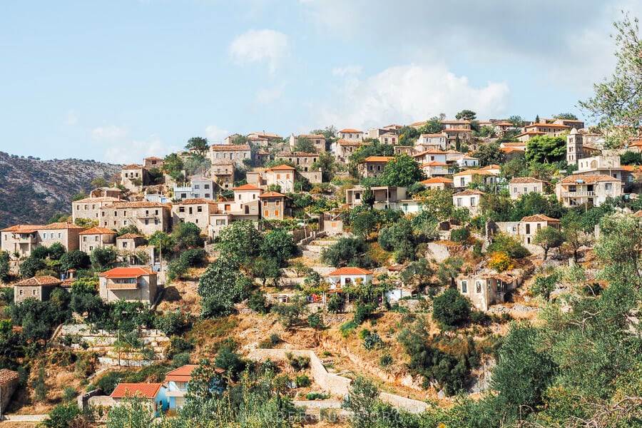 A view of Upper Qeparo village from the road, with houses arranged across the mountainside and green olive trees in between.