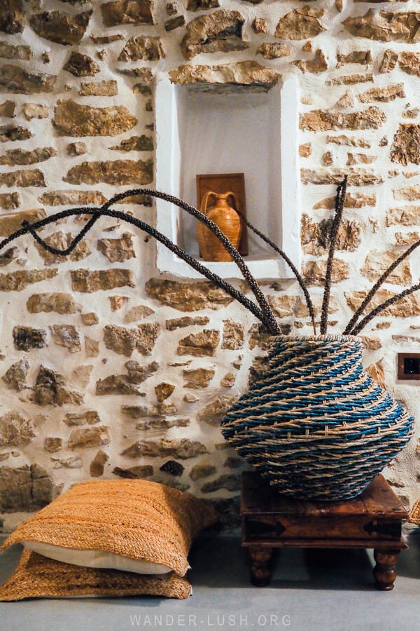 Boho woven baskets and floor cushions.