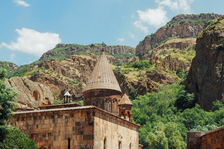 Geghard Monastery, a church built into the cliff in Armenia.