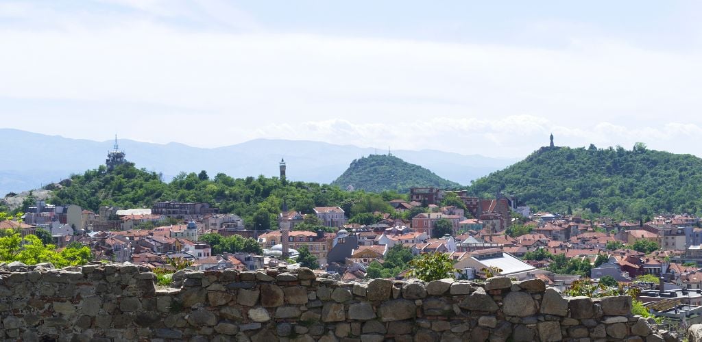 A green hill and a historic city downhill. 