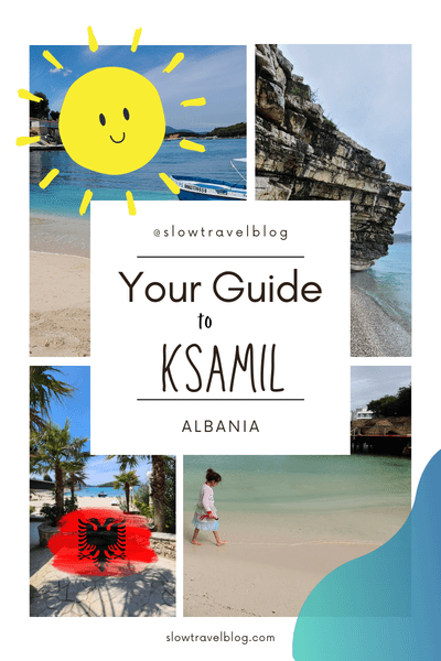 Graphic reads "Your guide to Ksamil Albania" With 4 pictures of various Ksamil beaches, a smiling sun, a wave, and an Albanian flag.