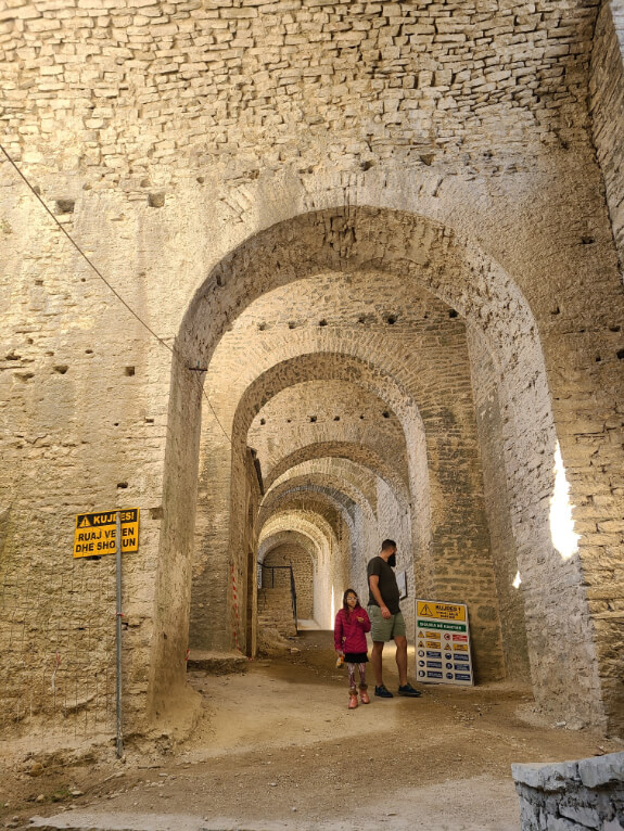 The tall stone columns inside Gjirokaster Castle