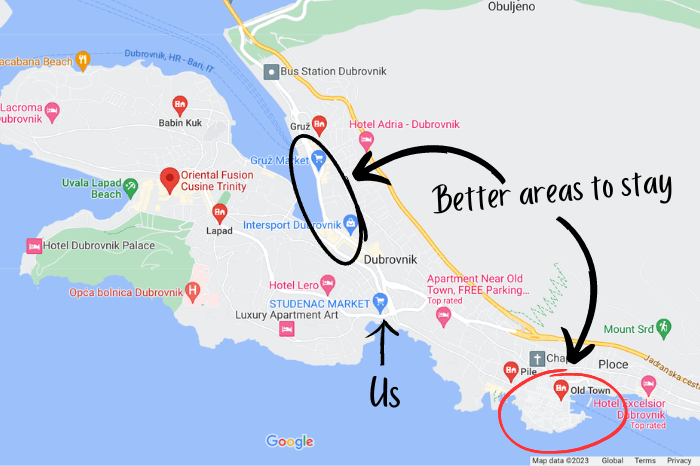 Graphic of where to stay in Dubrovnik in December/Winter. Circles show the old town and an area near Gruz in an inlet, as well as an area between both circles that is labelled "Us" indicating where we had stayed.