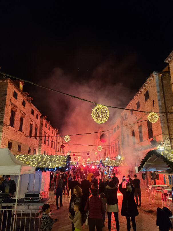 Red lights and hanging lights over the Old Town Christmas Market in Dubrovnik