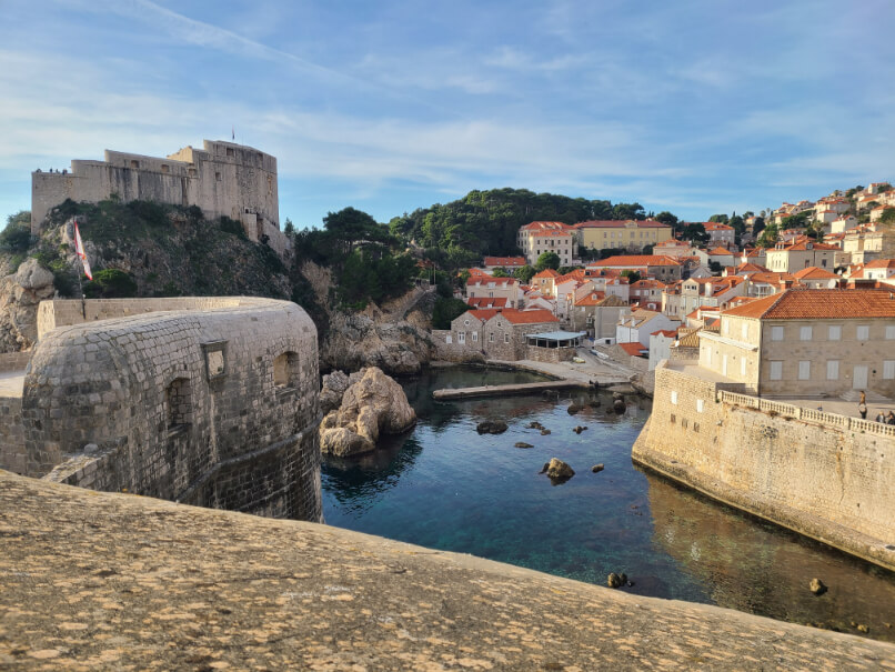 Beautiful view of Lovrijenac Fortress and Pile Gate area of Dubrovnik from the Old Town City Walls