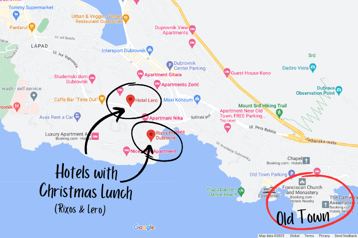 Graphic of a map of the greater Dubrovnik area with Hotel Lero and Rixos Premium marked as places to get a Christmas Lunch