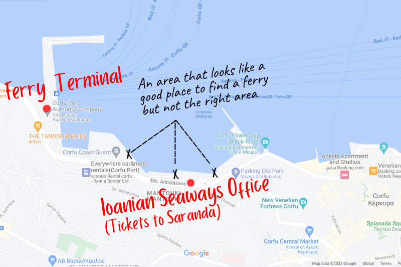 Corfu Ferry Terminal and Ionian Seaways ticket office marked on a map of Corfu town with other port areas crossed off as the wrong areas.