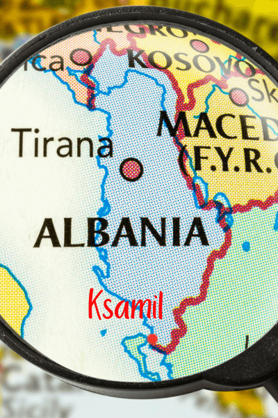 A map of Albania showing Tirana in the upper middle section of the country and Ksamil way at the bottom in the south of the country