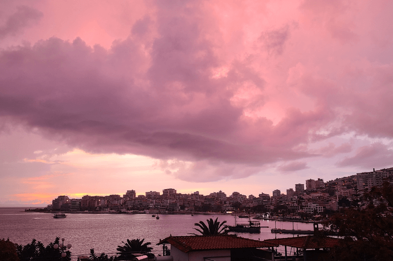 A pink mushroom cloud sunset over Saranda Albania