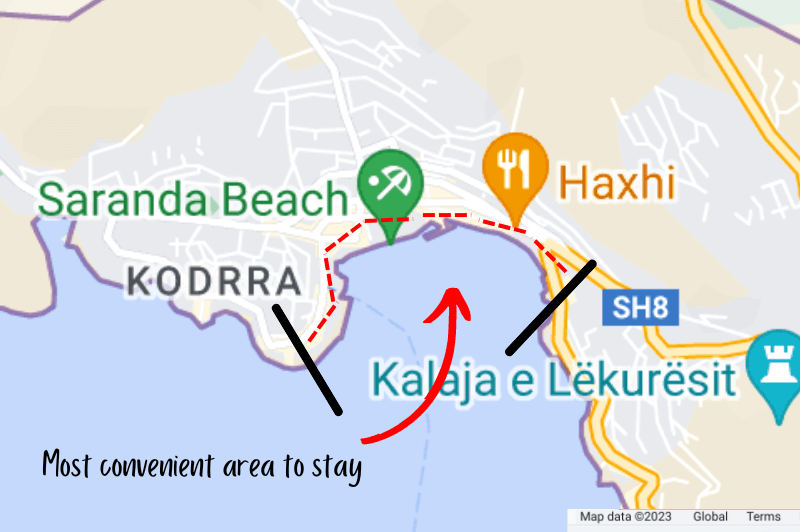 Walkable area of Saranda highlighted on a map in red around the bay. Arrow reads "Most convenient area to stay."