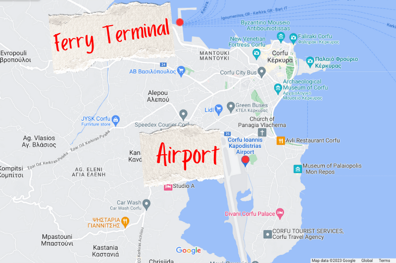 Ferry Terminal and Airport marked on a map of Corfu Greece