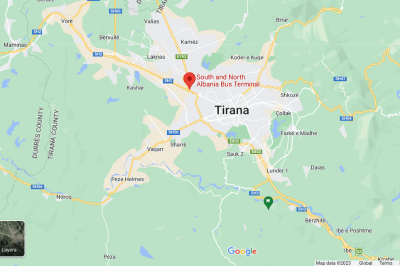 Albania North/South bus terminal to Ksamil marked on the map of Tirana