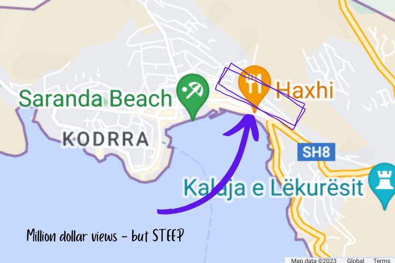 A blue box and blue arrow indicate the part of Saranda in the north east that is steep. Graphic reads "Million dollare views - but STEEP."