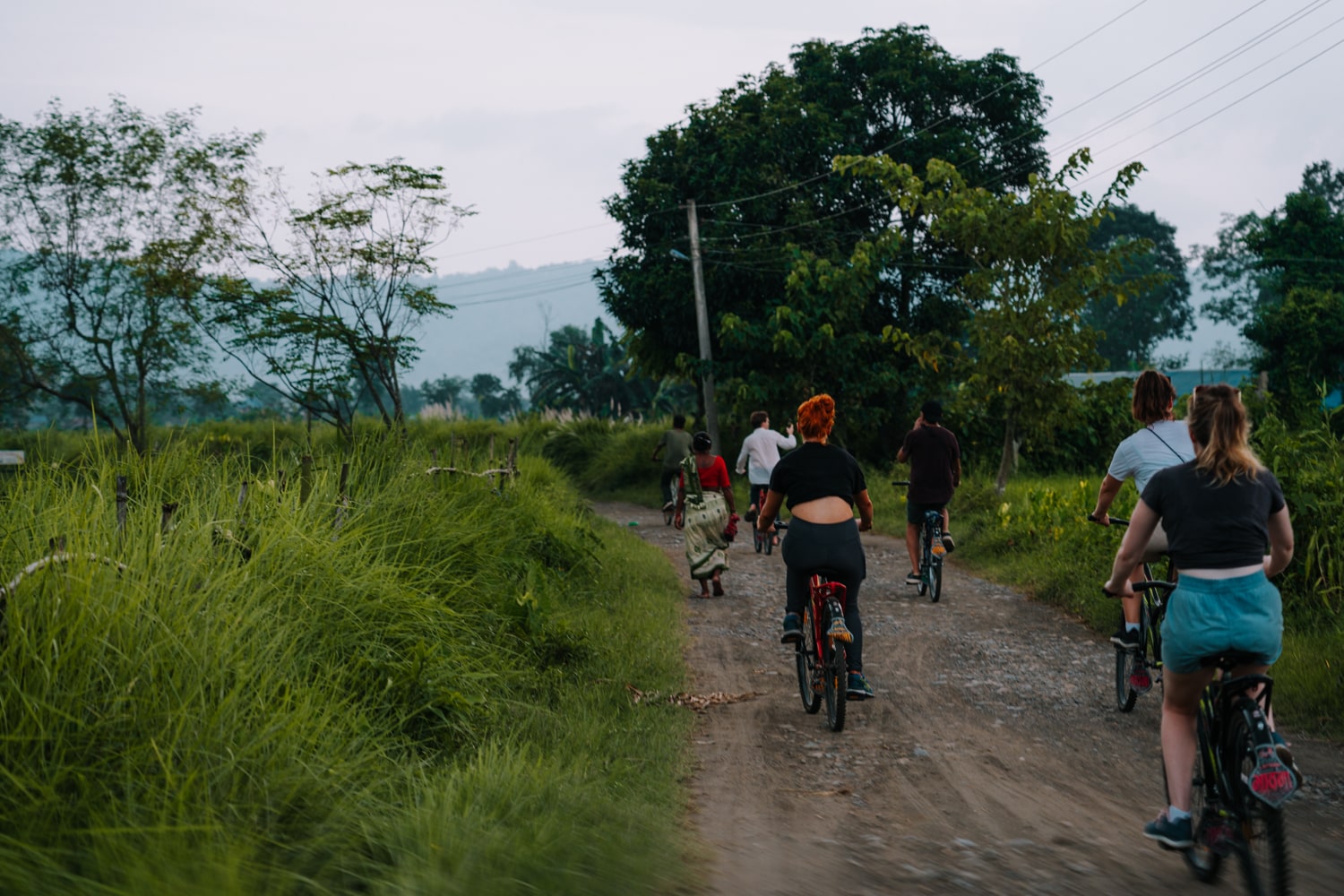 A group of tourists ride bikes down road in Barauli village, Nepal.