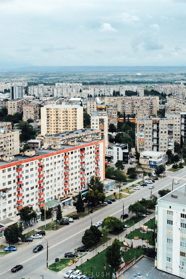 A skyline of Brutalist apartment buildings in the city of Rustavi, Georgia.