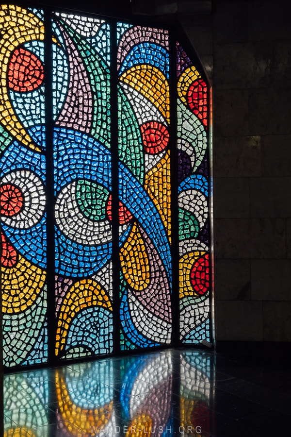 Stained glass in the lobby of the Hotel Rustavi in Georgia.