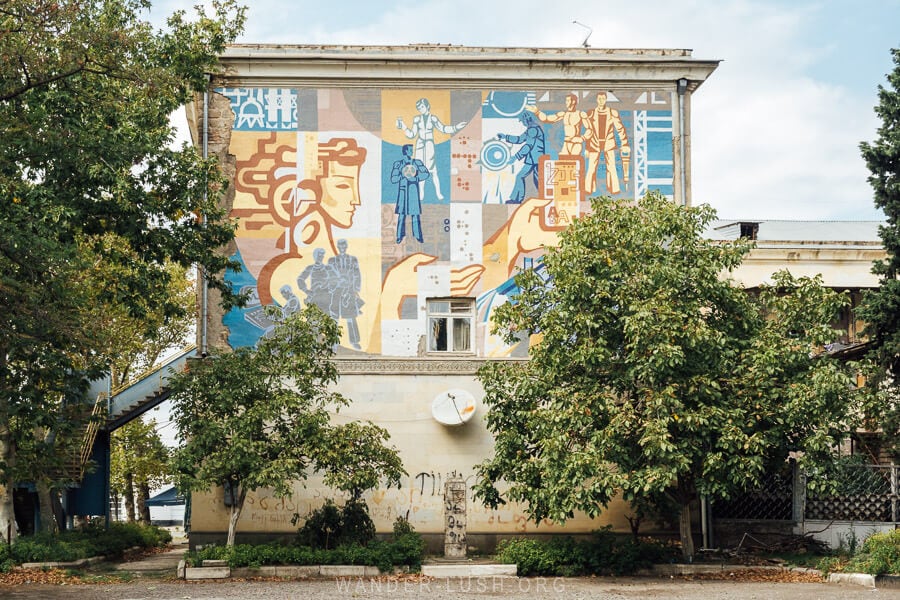 A Soviet style mosaic at the Rustavi Metallurgy Plant depicts different elements of science and industry.