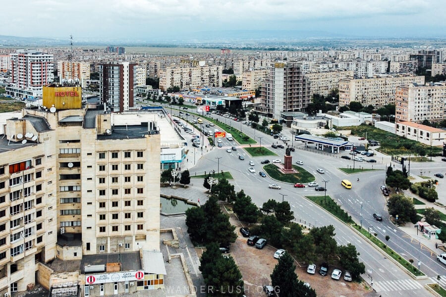 A landscape of concrete apartment blocks in the city of Rustavi, Georgia.