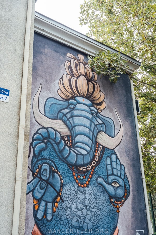 A mural of a blue elephant in Rustavi, Georgia.