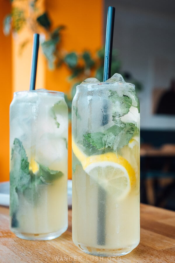 Two glasses of lemonade on the table at a cafe in Rustavi, Georgia.