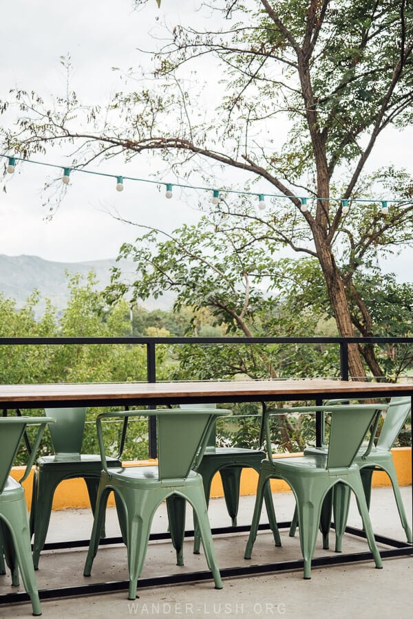 An outdoor table at a beautiful cafe in Rustavi, Georgia.