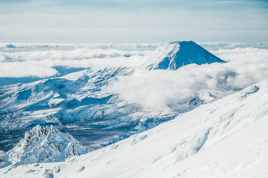 Mount Ruapehu, a volcano, in winter.