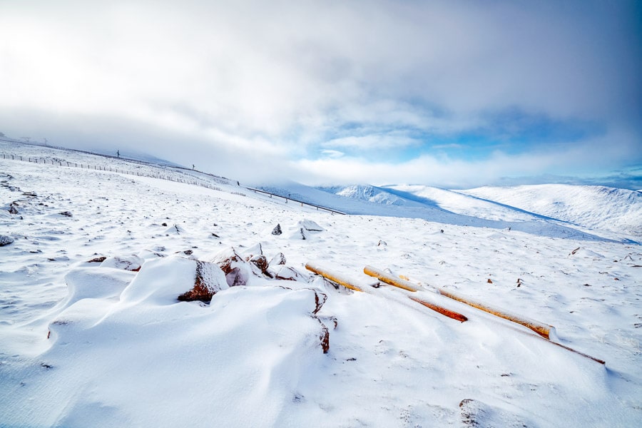 A winter landscape in the Cairngorms mountains of Scotland.