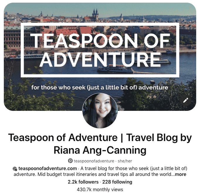 Pinterest profile for Teaspoon of Adventure