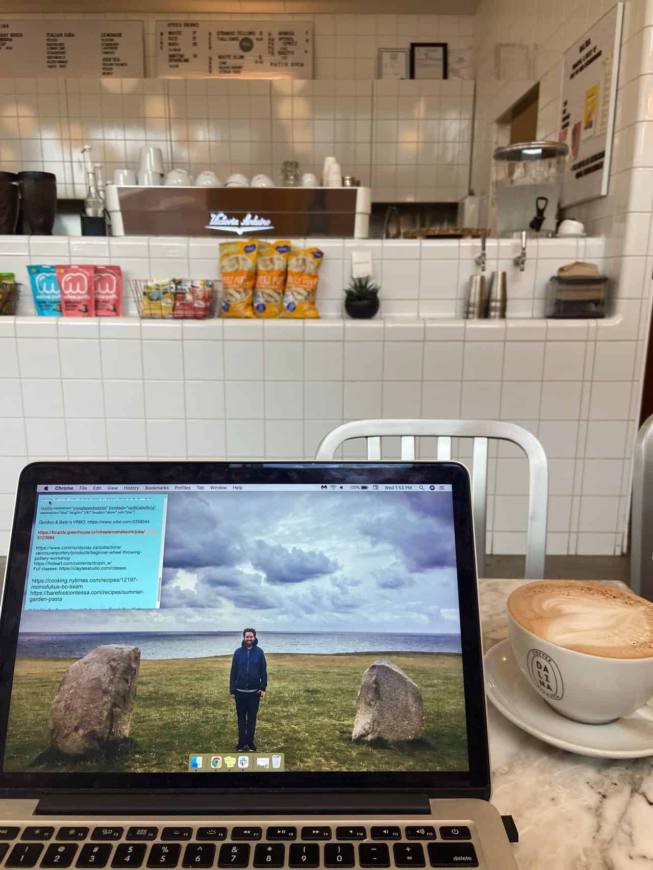 Working from my laptop at a local coffee shop