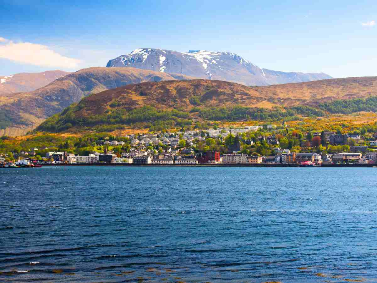 Ben Nevis and Fort William seen from the other side of Loch Linnhe Scotland timeless travel steps