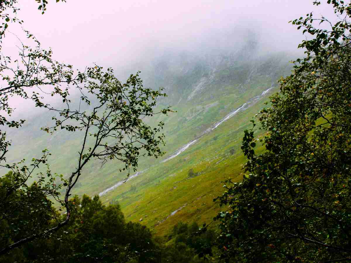 Steall Falls and Nevis Gorge on a misty morning  Scotland