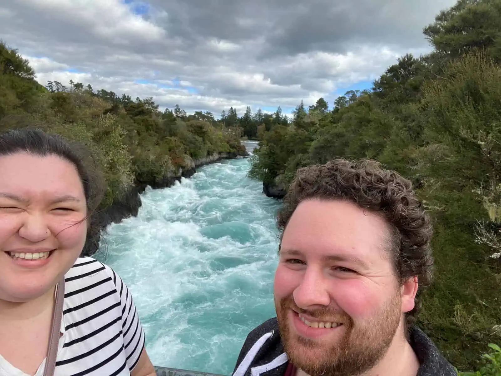 Riana and Colin selfie at Huka Falls in Taupo, New Zealand