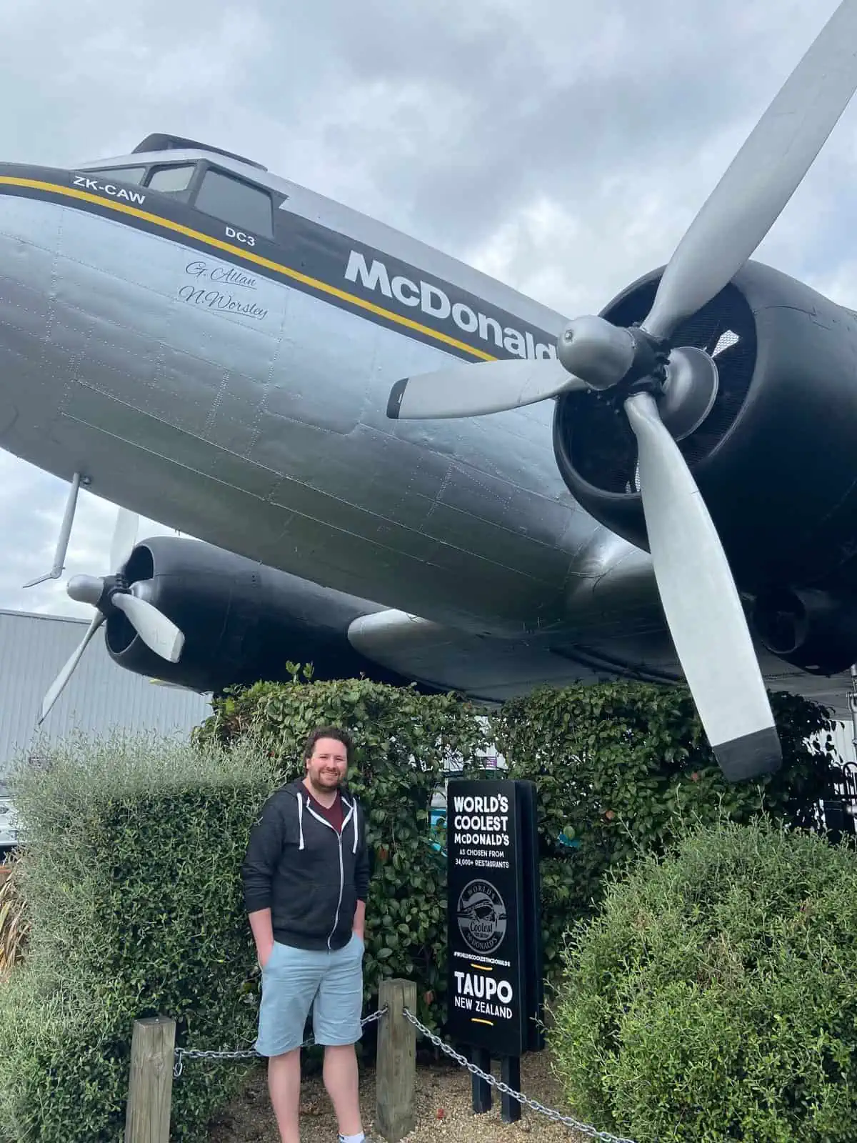 Colin outside the world's coolest McDonald's in a plane in Taupo