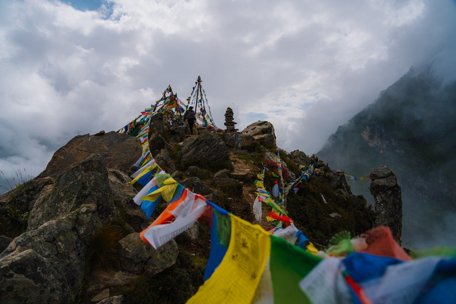 Prayer flags in the breeze atop Kyanjin Ri peak in Langtang Nepal.