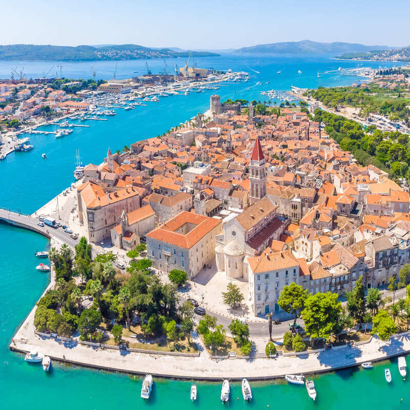 Aerial View Of Trogir, A Small Historic Insular Town On The Dalmatian Coast Of Croatia, Southeastern Europe