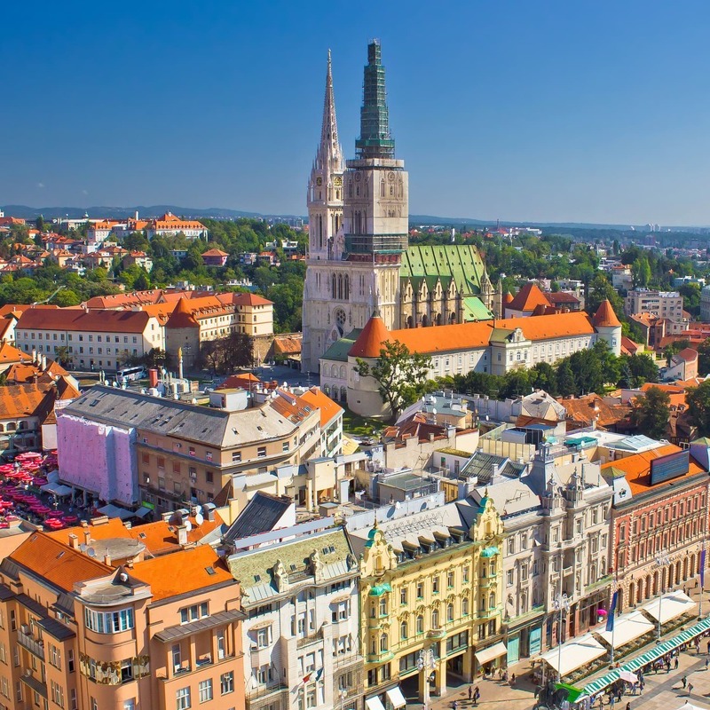 Aerial View Of Old Town Zagreb Depicting The Lower And Upper Towns, Zagreb Cathedral, And The Ban Jelacic Square On A Sunny Day, Zagreb, Capital City Of Croatia