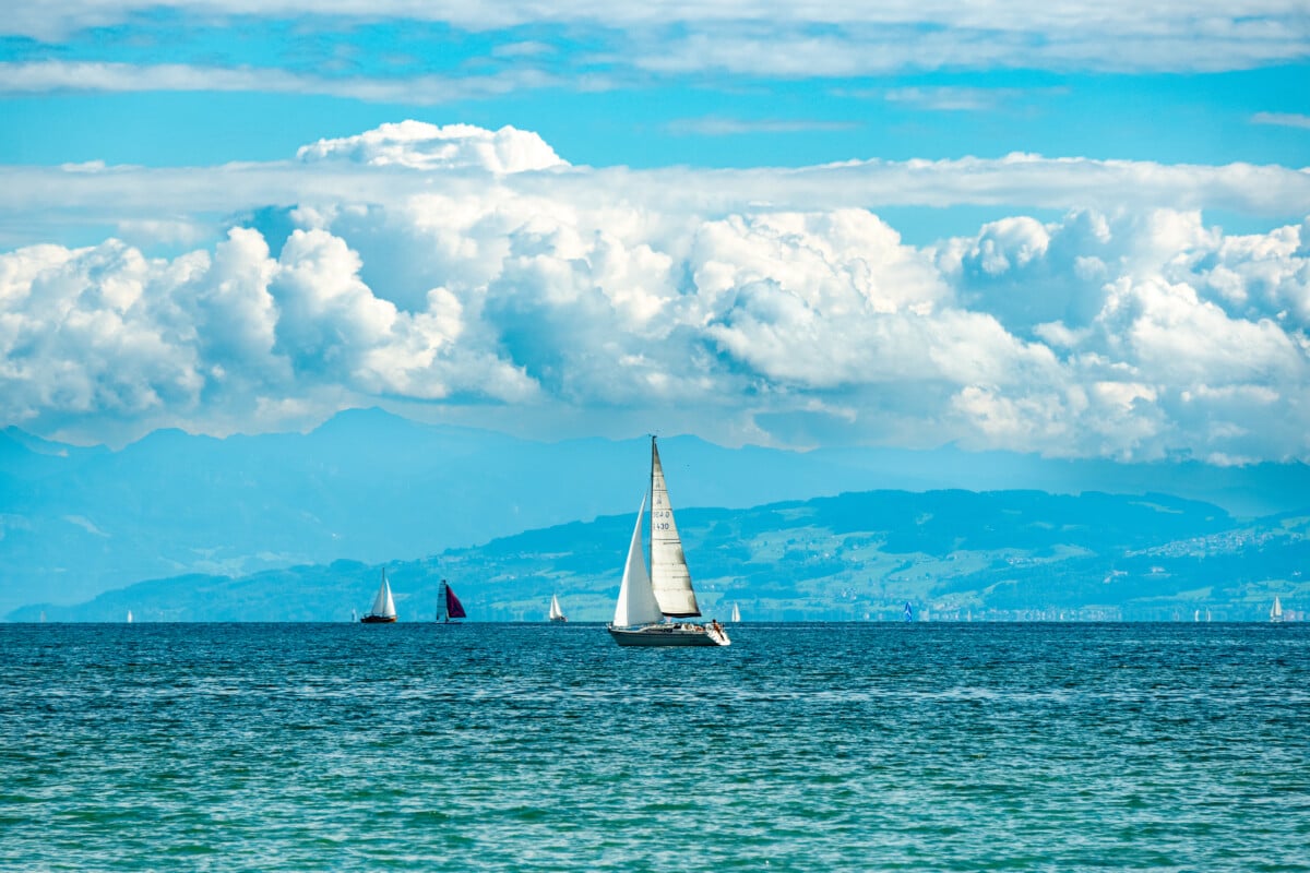 Sailboats on Lake Constance and Lake Constance Skyline