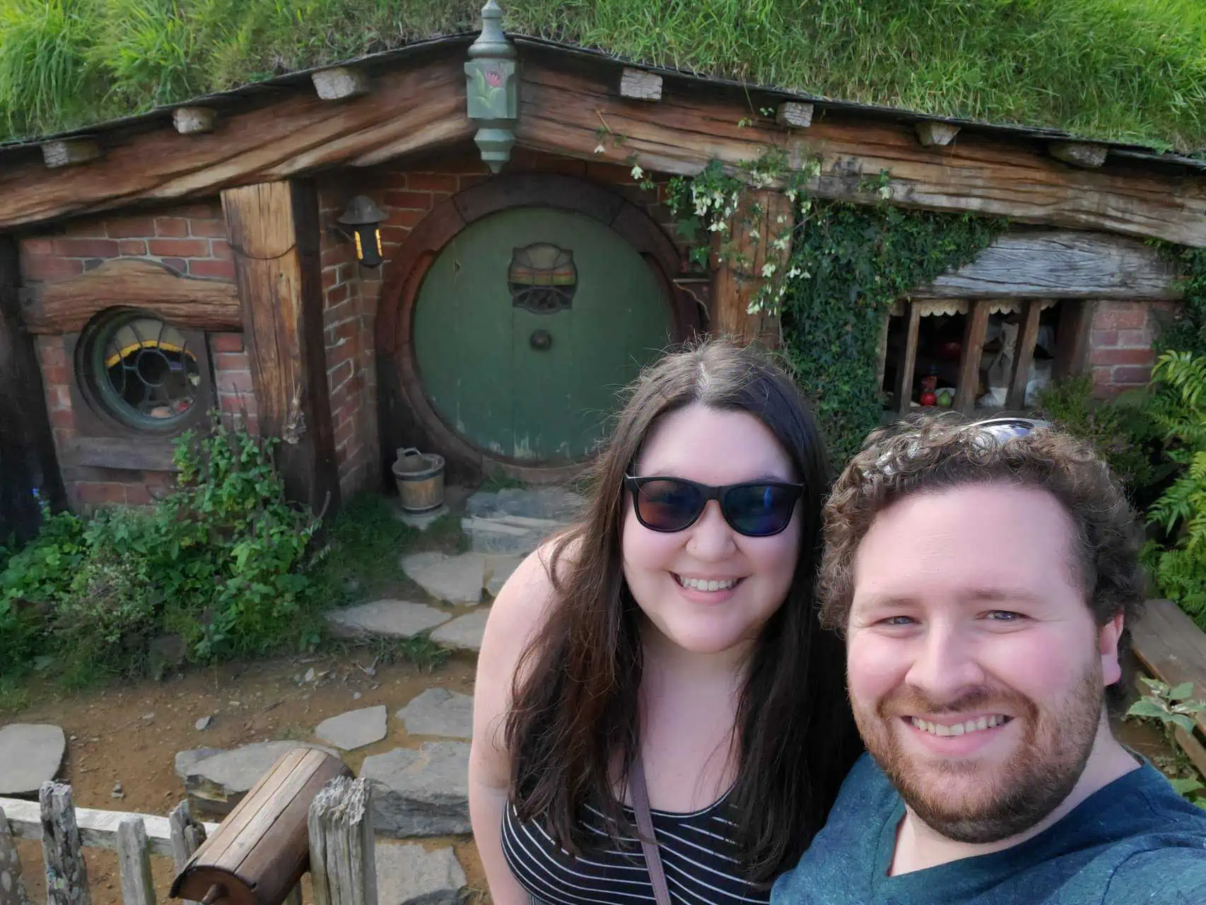 Riana and Colin selfie at Hobbiton in New Zealand