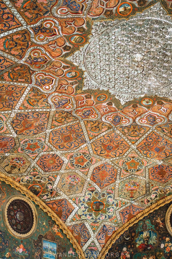 An Oriental style painted ceiling with mirrorwork at the State Academy of Arts in Tbilisi, Georgia.