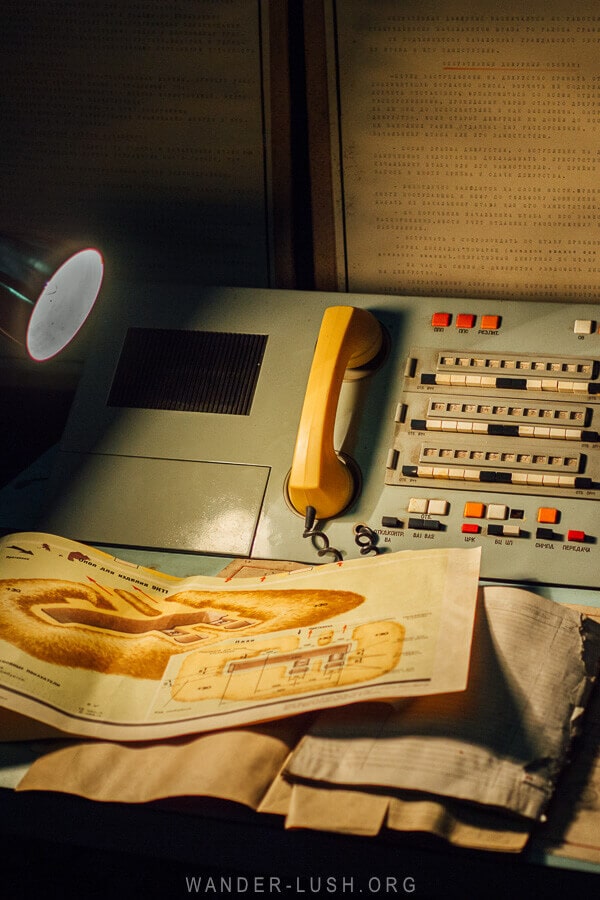 An old telephone and maps inside an underground bunker in Tbilisi, Georgia.