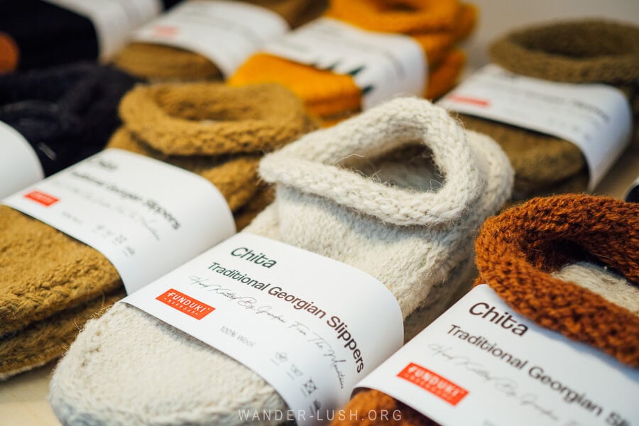 Hand-knitted slippers at Funduki in Tbilisi Georgia.