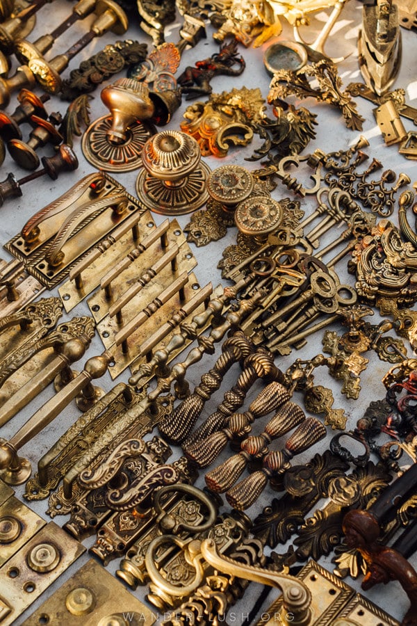 Gold and brass door fittings at the Dry Bridge Market.