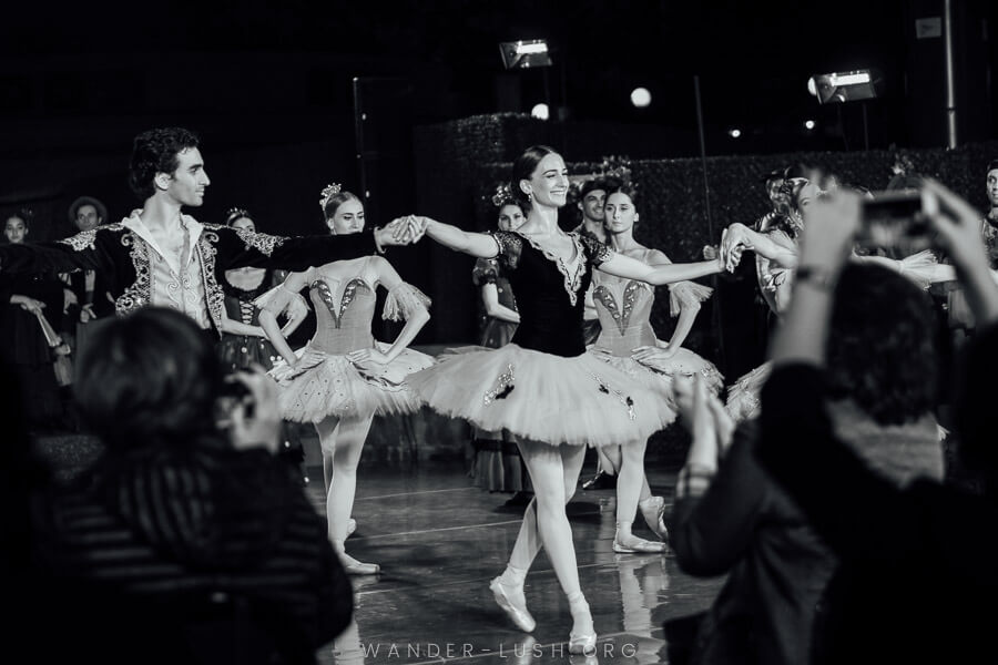 Ballerinas perform on an outdoor stage in Tbilisi, Georgia.