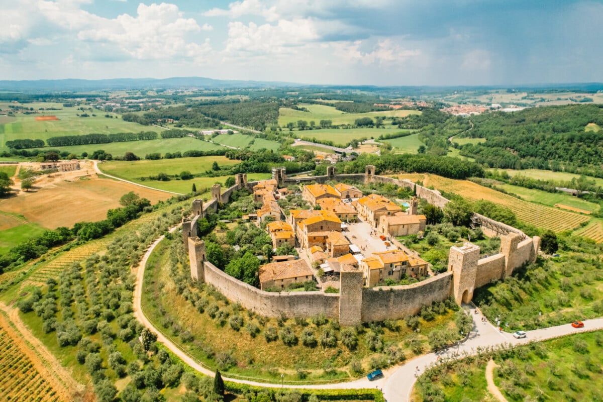 Panoramic aerial view of Monteriggioni in Tuscany, Italy 