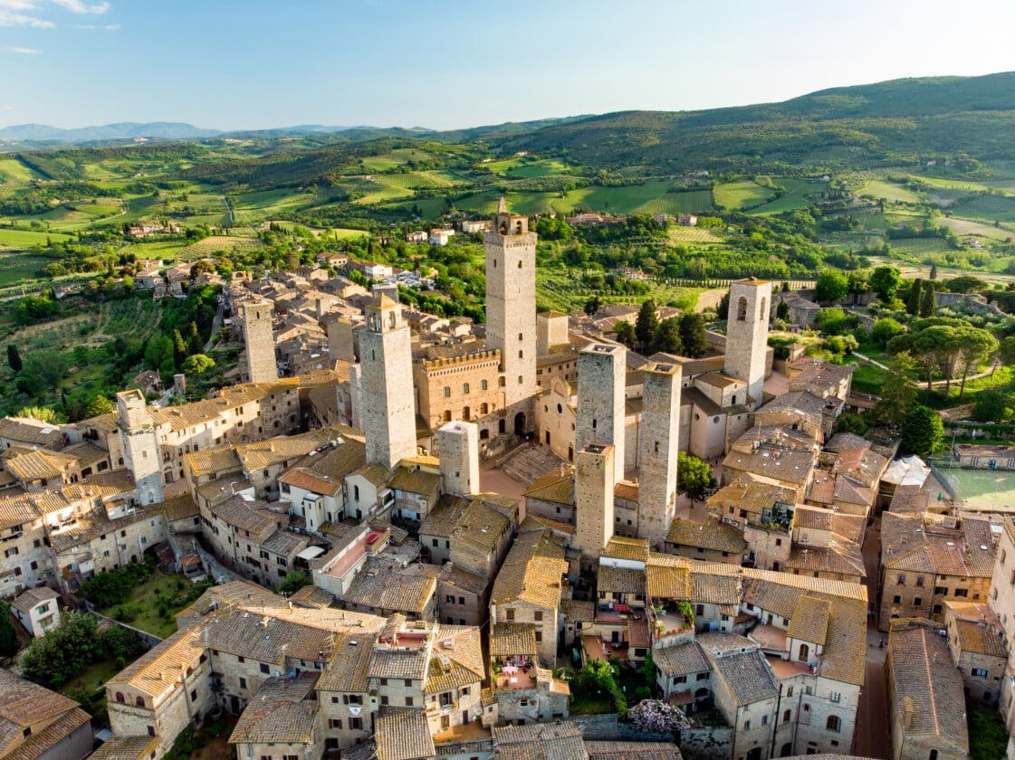 Aerial view San Gimignano medeival hill town in Siena, Tuscany, Italy