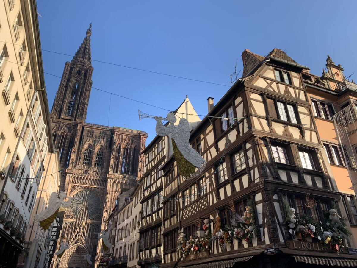 Christmas decorations in Strasbourg, France with the Strasbourg Cathedral in the background