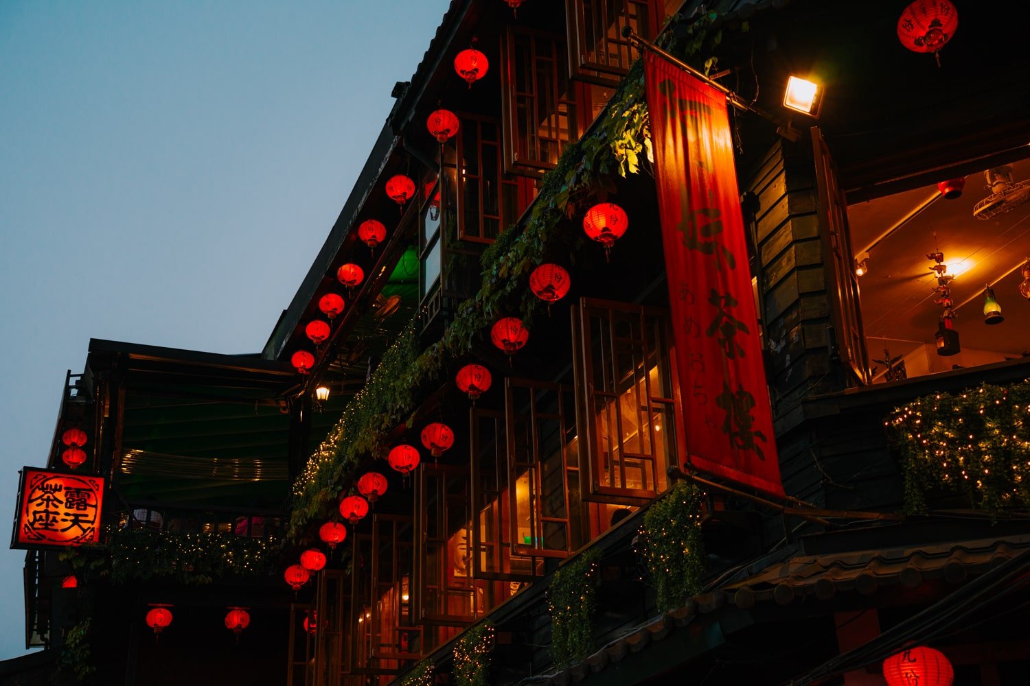 The exterior of the "Spirited Away" inspired teahouse at dusk—Amei Teahouse in Jiufen, Taiwan.